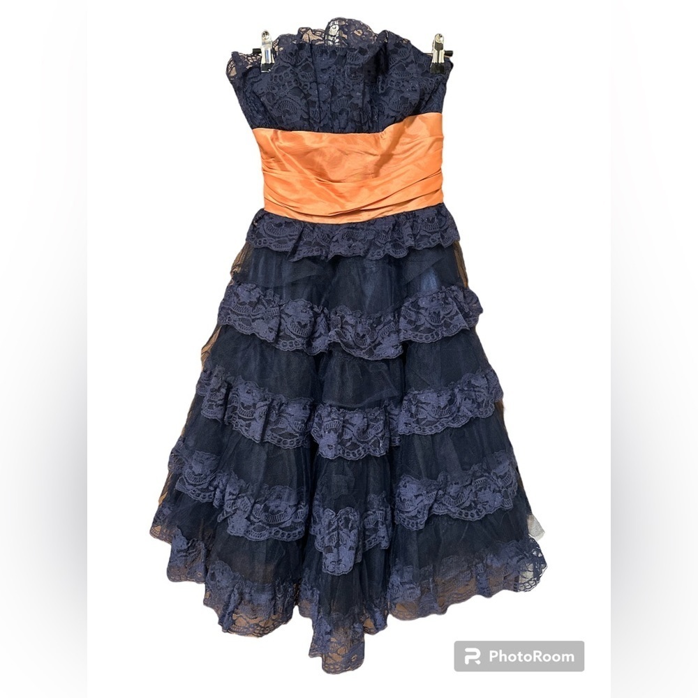 Betsey Johnson Vintage Tea Party Corset Dress Navy Blue Lace Strapless Size 6